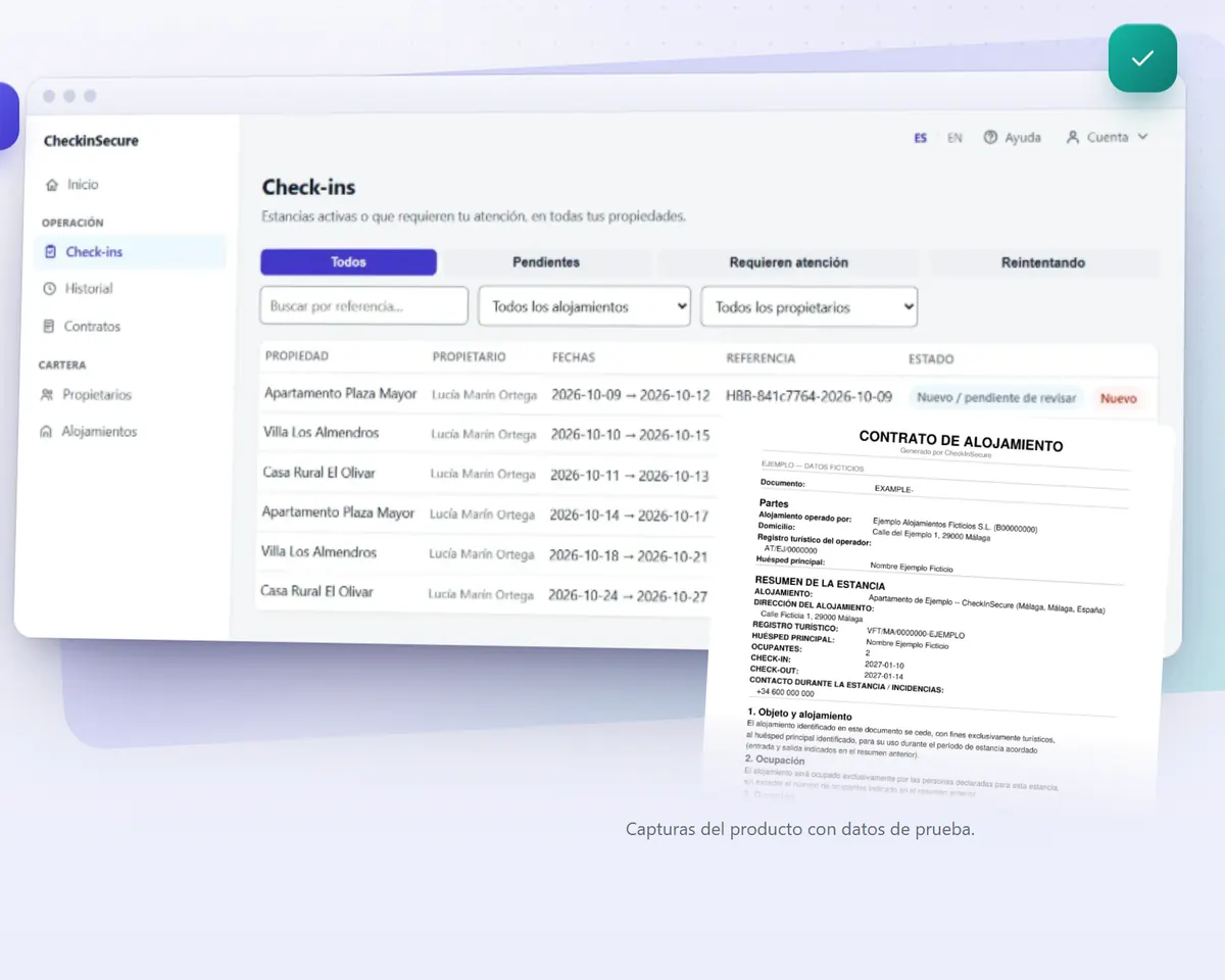 CheckinSecure dashboard with test data