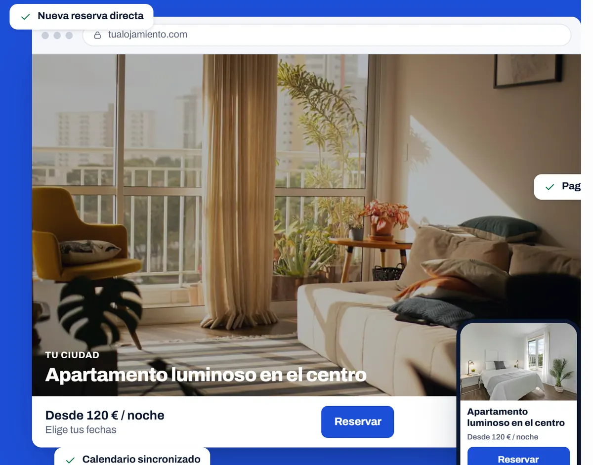 OwnGuests home page showing a booking site mock-up